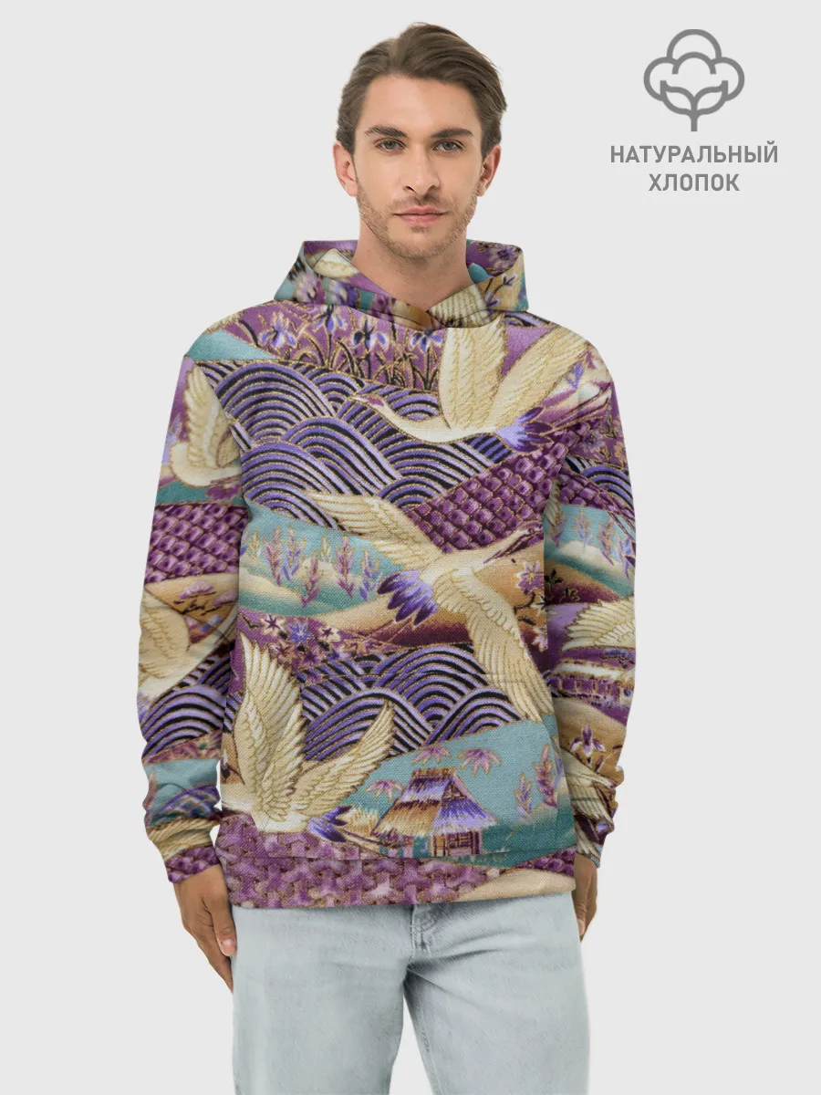 Худи мужской база хлопок / Японская вышивка с журавлями