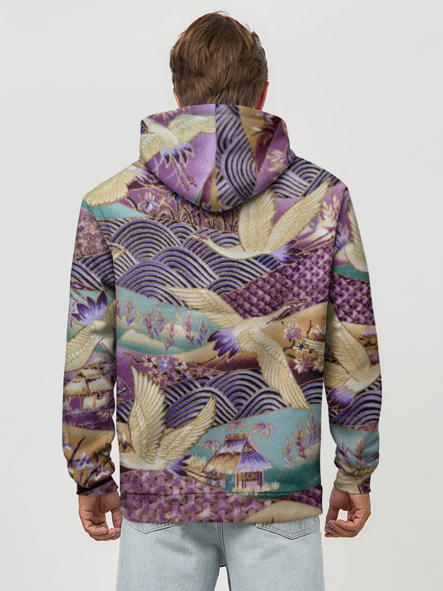 Худи мужской база хлопок / Японская вышивка с журавлями