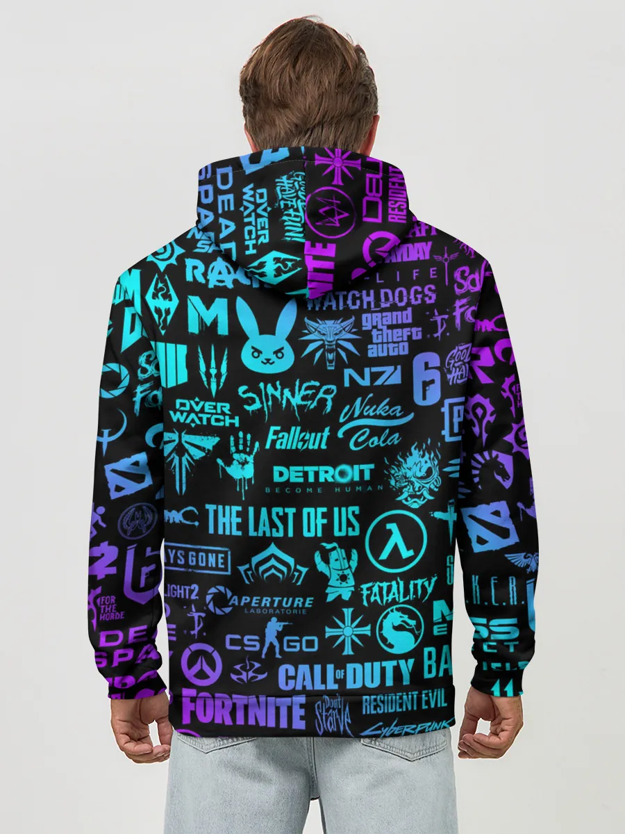 Худи мужской база хлопок / ЛОГОТИПЫ ИГР НЕОН / NEON GAMES LOGO