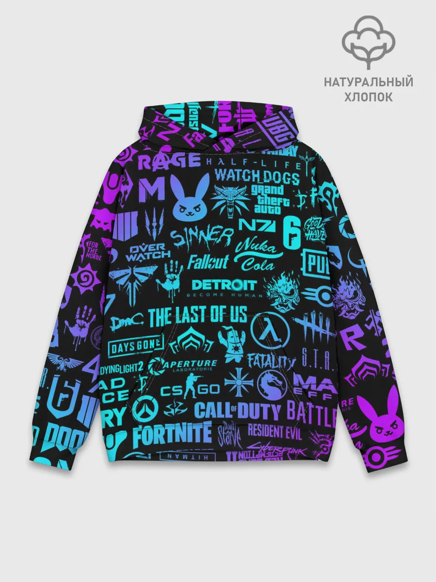 Худи мужской база хлопок / ЛОГОТИПЫ ИГР НЕОН / NEON GAMES LOGO