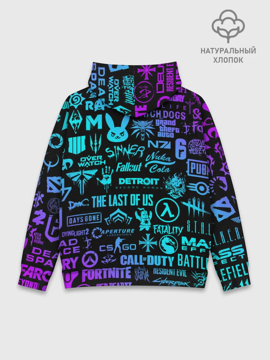 Худи мужской база хлопок / ЛОГОТИПЫ ИГР НЕОН / NEON GAMES LOGO