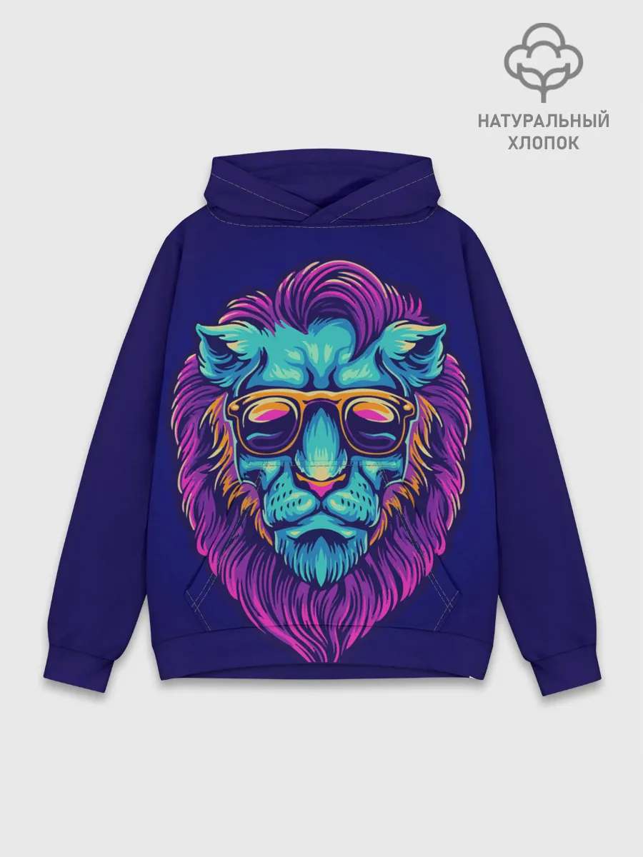 Худи мужской база хлопок / Неоновый лев в очках