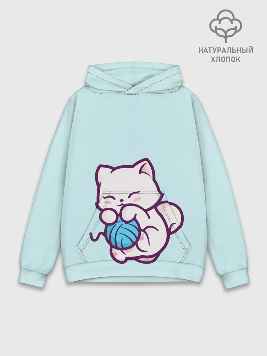 Худи мужской база хлопок / Белый котенок с клубком милый