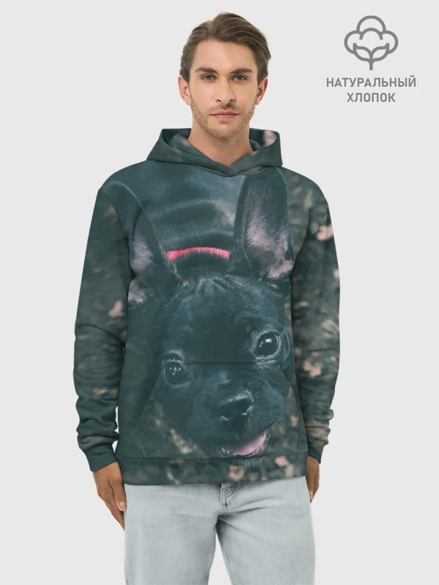 Худи мужской база хлопок / Бульдог морда собакена черного