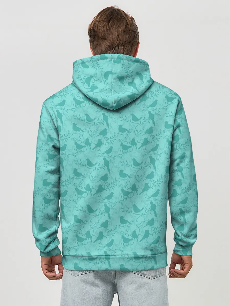 Худи мужской база хлопок / Зеленые птицы летний узор