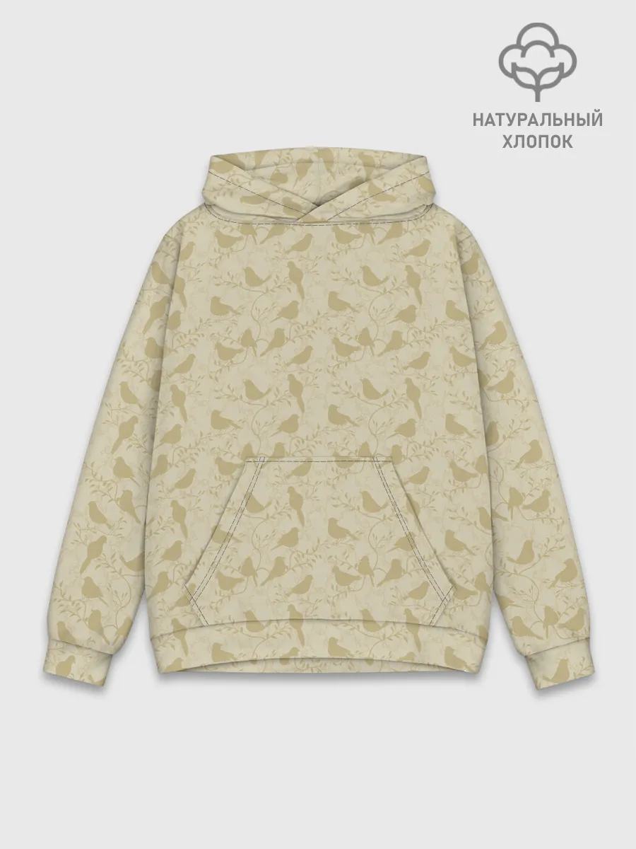Худи мужской база хлопок / Бежевый принт силуэты птичек