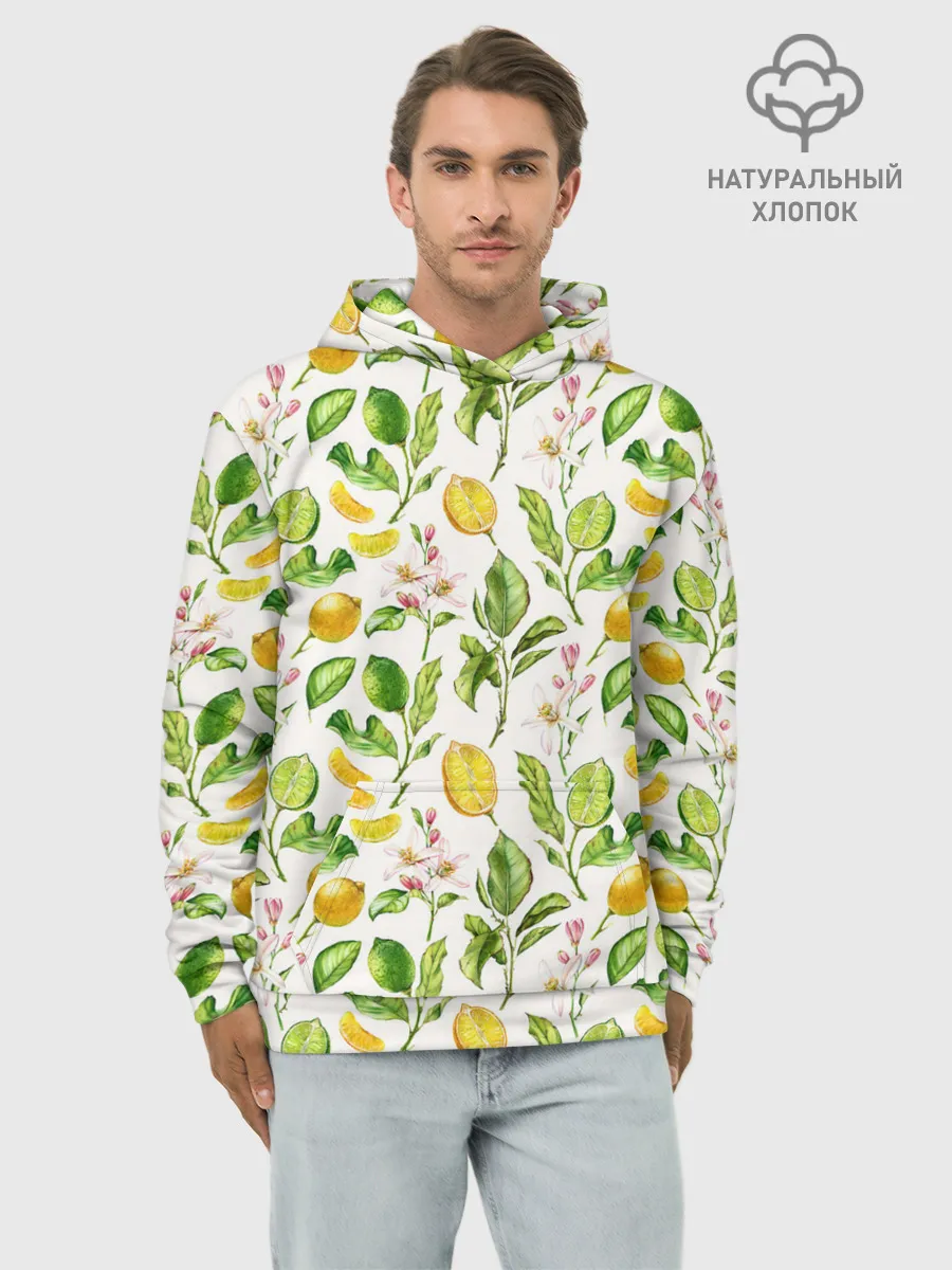 Худи мужской база хлопок / Летний узор лимон ветки листья