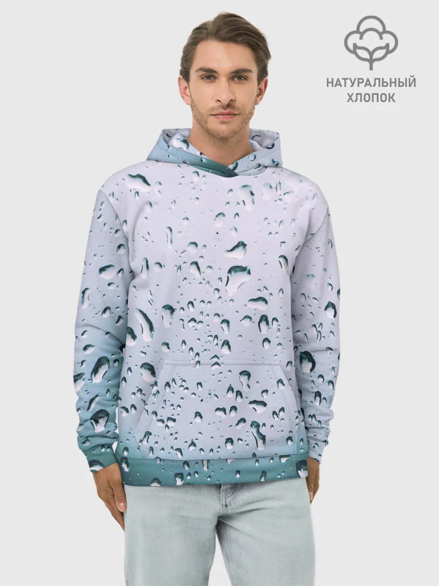 Худи мужской база хлопок / Капли окно стекло дождь серо