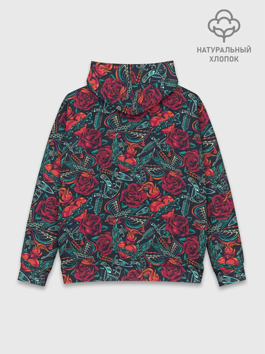 Худи мужской база хлопок / Тату узор розы и машинки