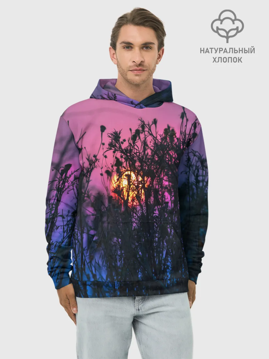 Худи мужской база хлопок / Трава растения закатный свет