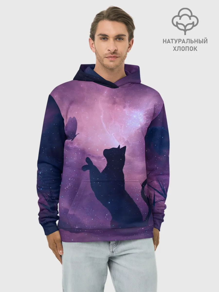 Худи мужской база хлопок / Кошка играет с бабочкой