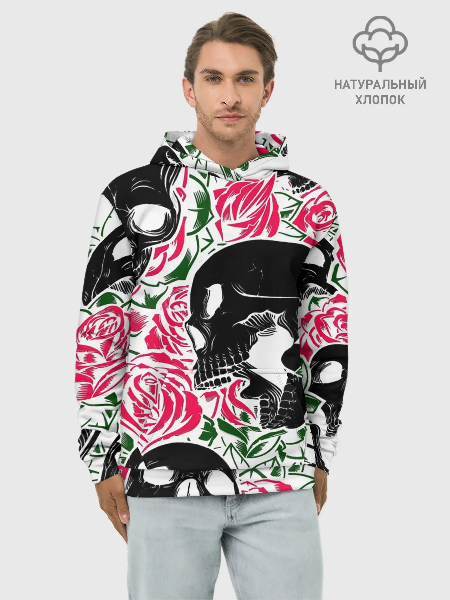 Худи мужской база хлопок / Череп, розы, цветы, зубы