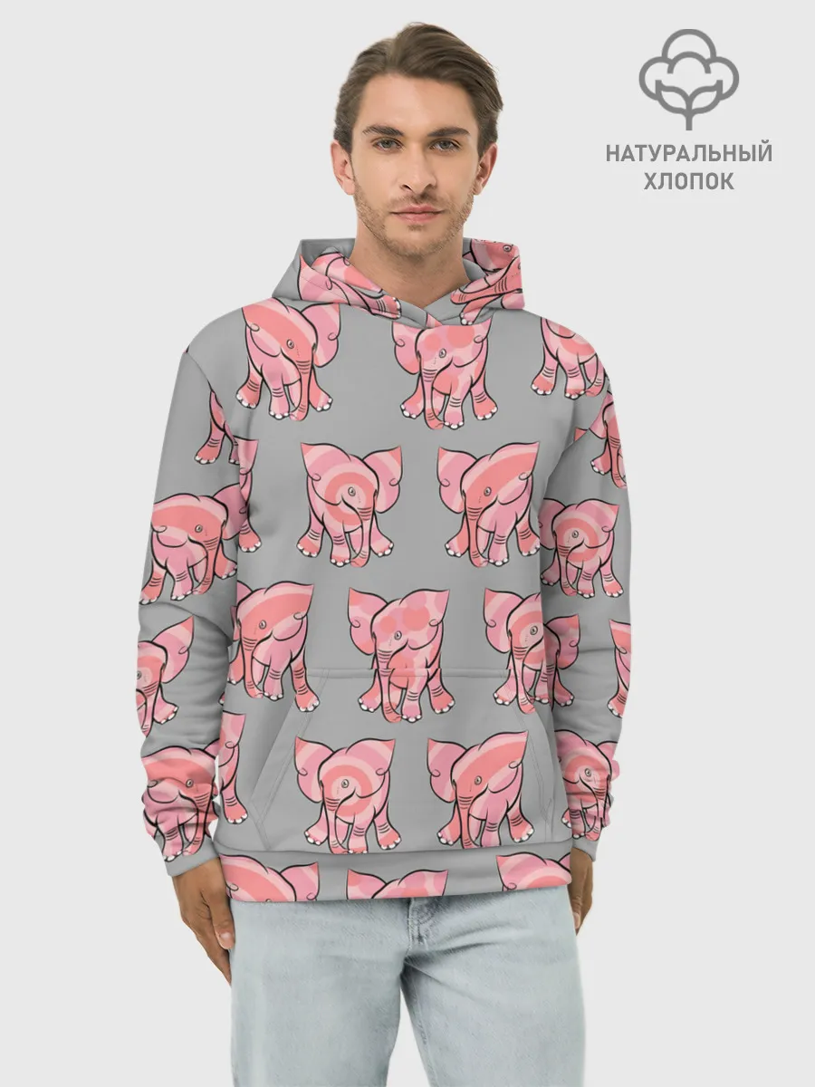 Худи мужской база хлопок / РОЗОВЫЕ СЛОНИКИ ПАТТЕРН