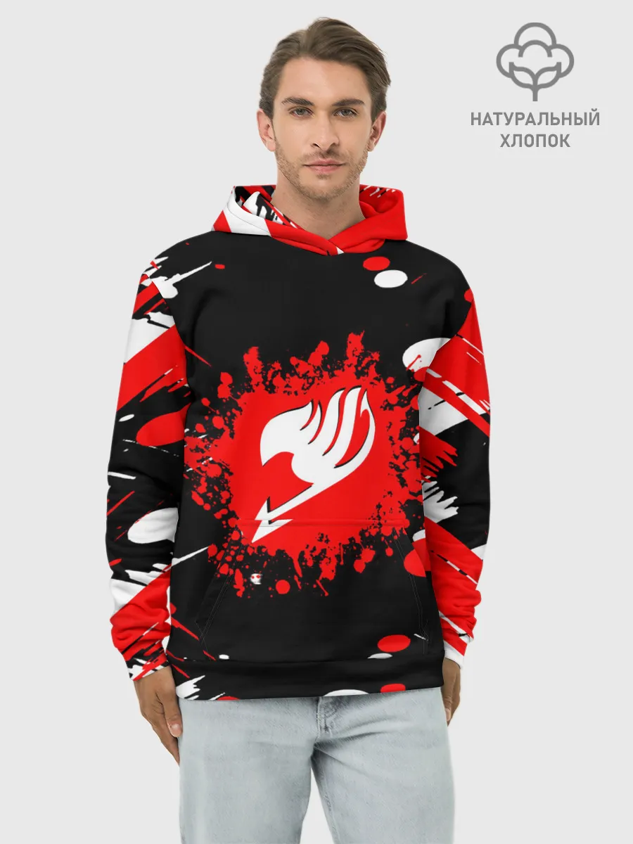 Худи мужской база хлопок / Хвост Феи красно-черная геометрия