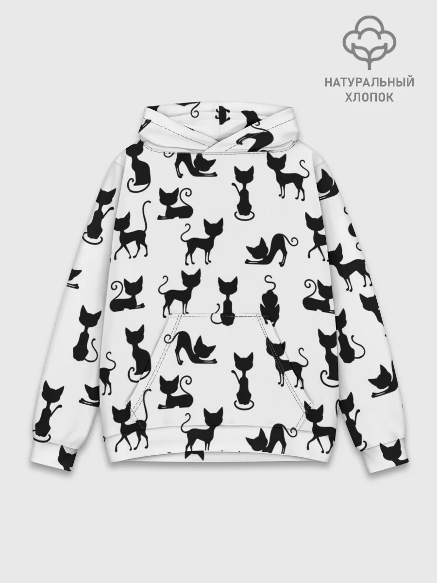 Худи мужской база хлопок / КОШКИ БЕЛОЕ НА ЧЕРНОМ