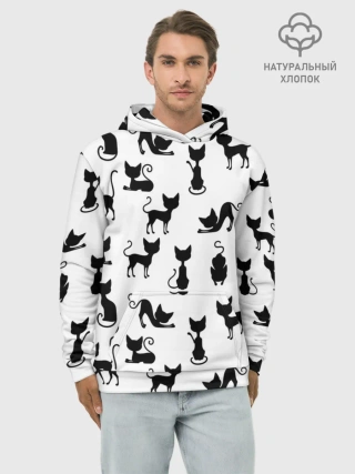 Худи мужской база хлопок / КОШКИ БЕЛОЕ НА ЧЕРНОМ