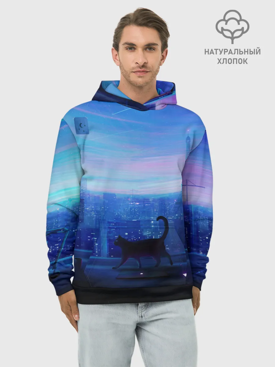 Худи мужской база хлопок / Кошка арт окно