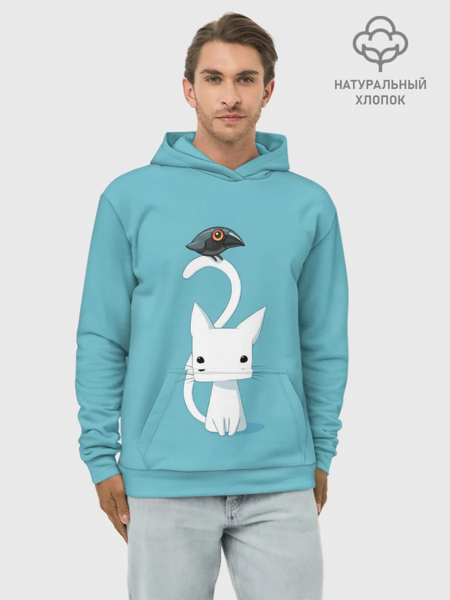 Худи мужской база хлопок / Белый котик и воробушек