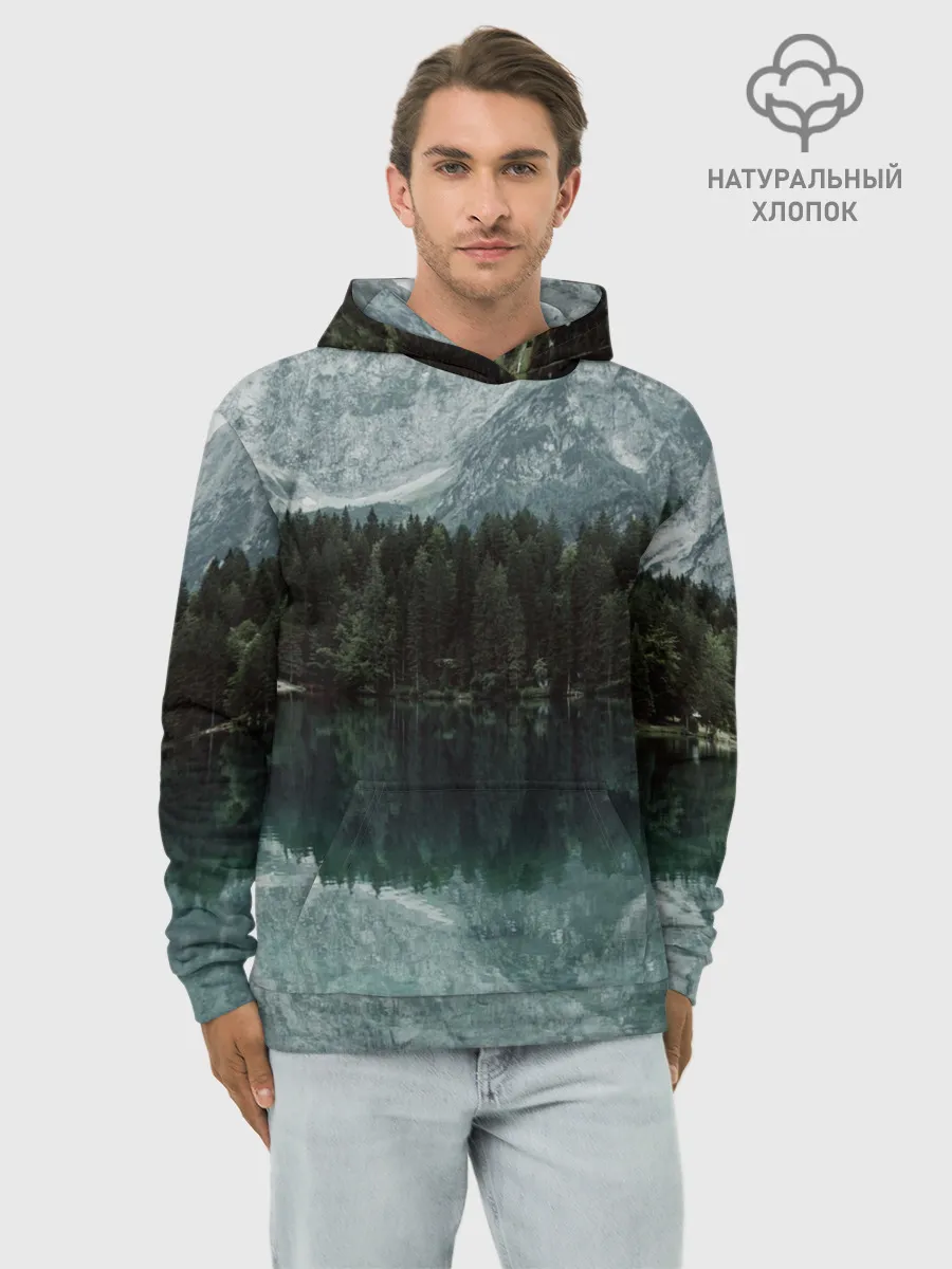 Худи мужской база хлопок / отражение горы в озере