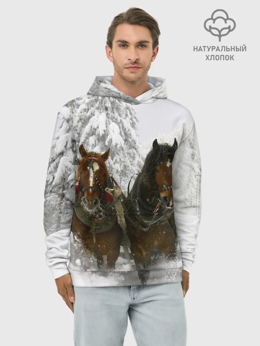 Худи мужской база хлопок / Лошади и снег