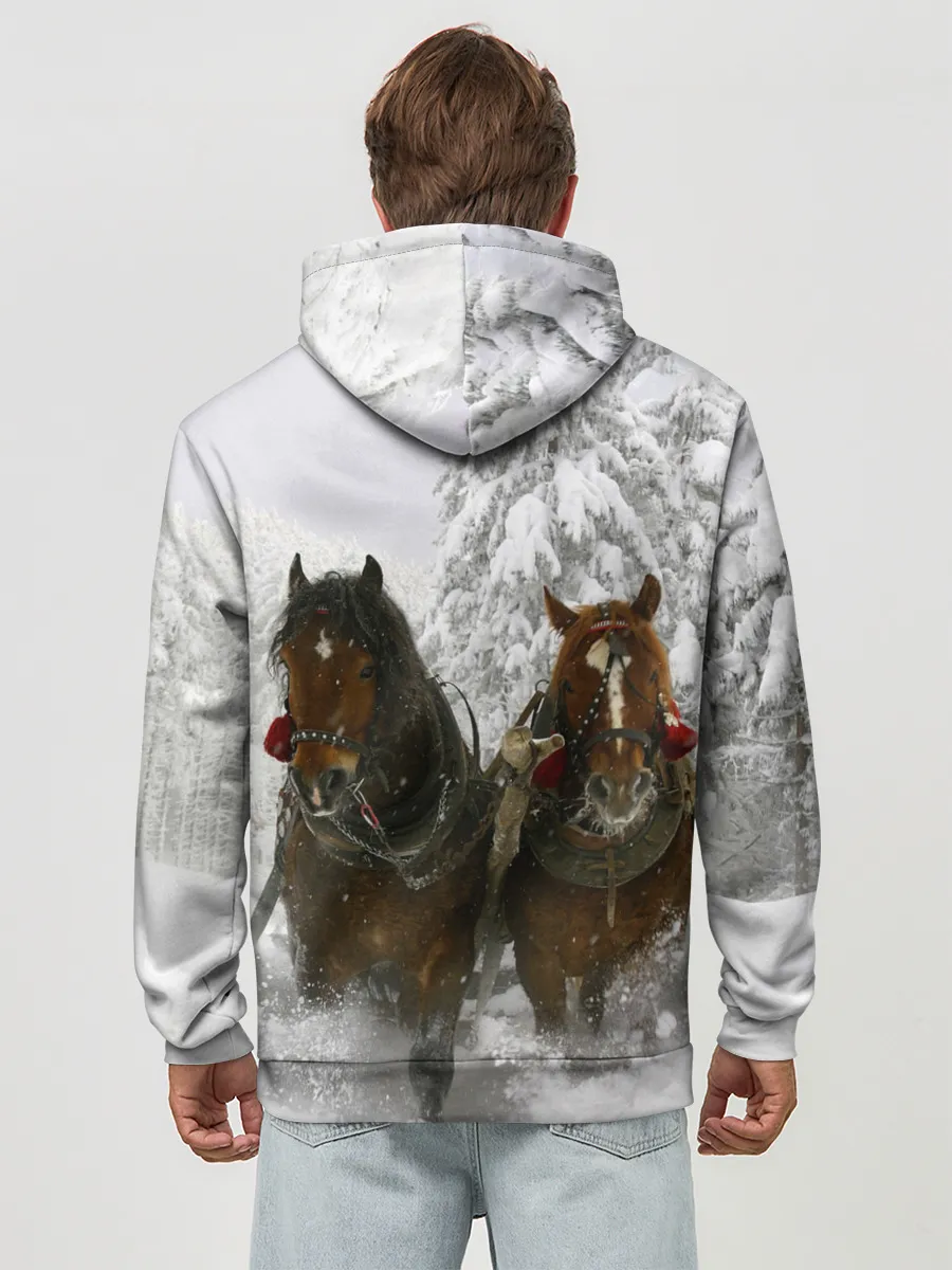 Худи мужской база хлопок / Лошади и снег