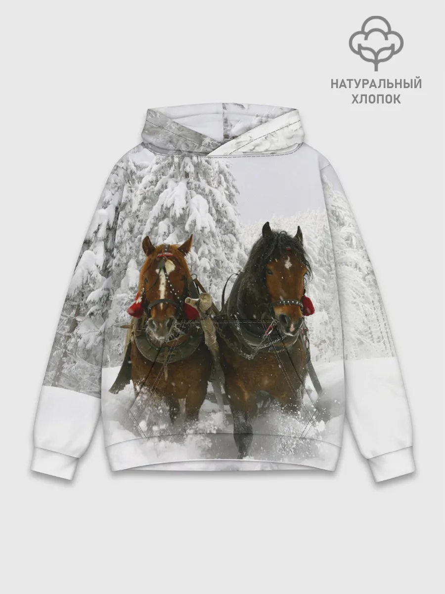 Худи мужской база хлопок / Лошади и снег