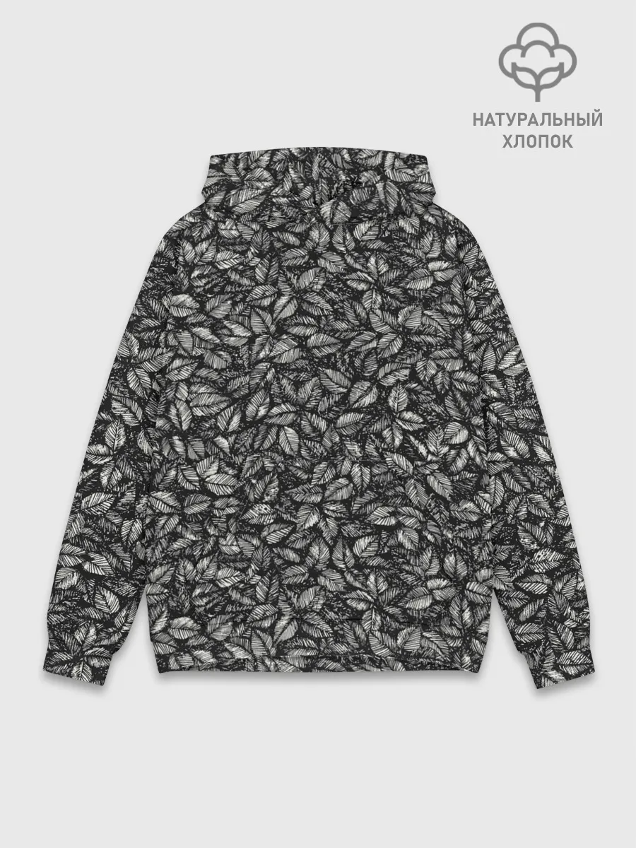 Худи мужской база хлопок / ЛИСТВА ЧЕРНО-БЕЛОЕ