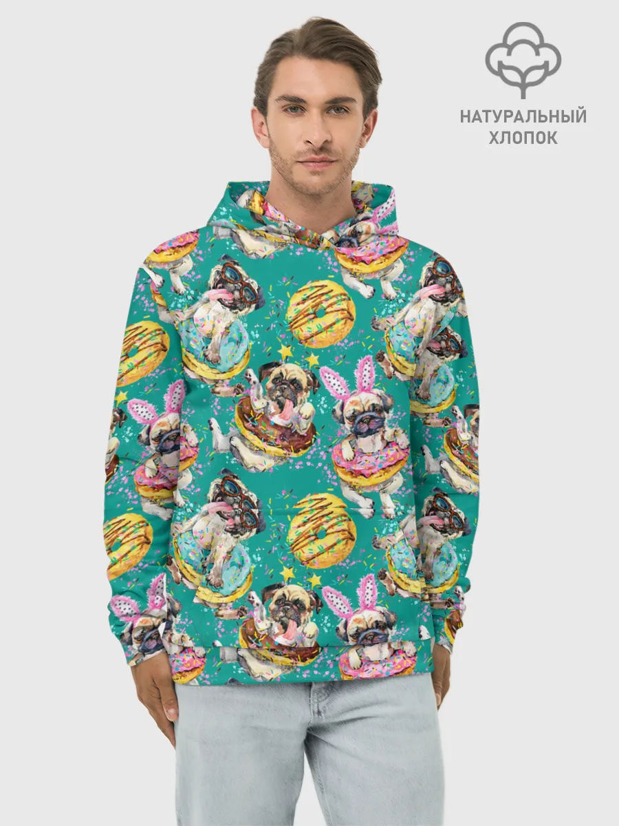 Худи мужской база хлопок / Мопсы в пончиках
