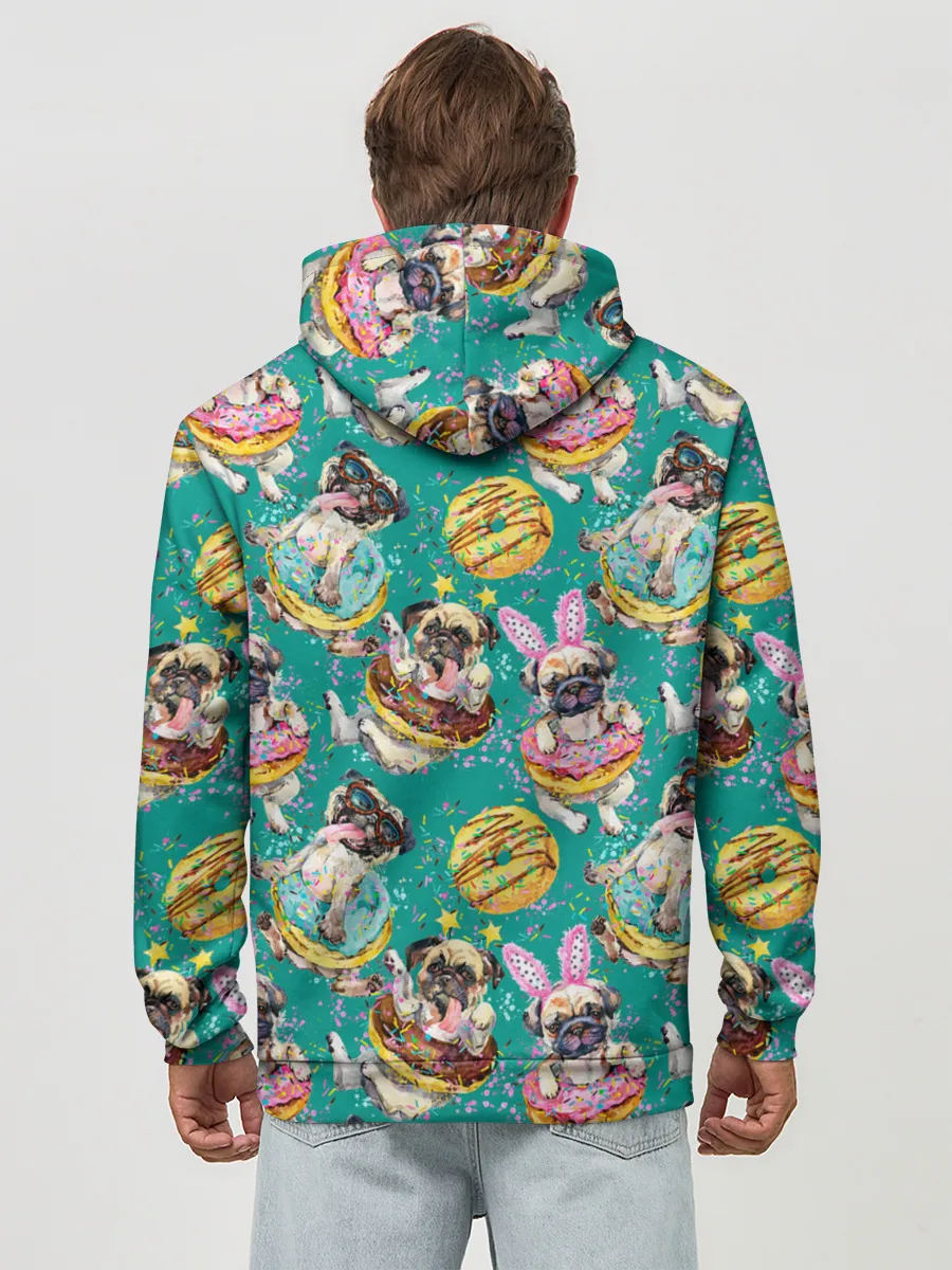 Худи мужской база хлопок / Мопсы в пончиках