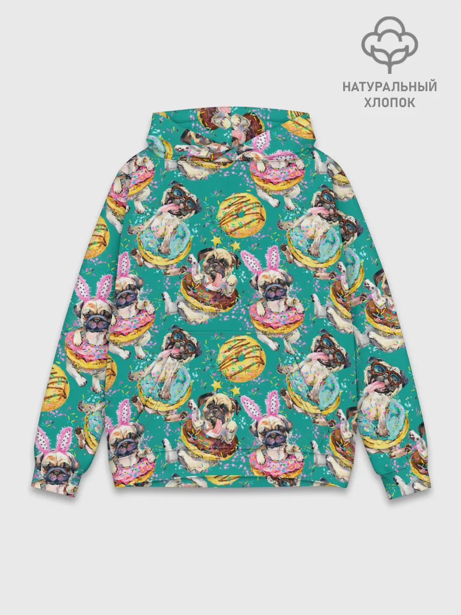 Худи мужской база хлопок / Мопсы в пончиках
