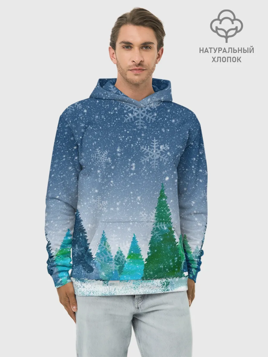 Худи мужской база хлопок / Снежинки в лесу