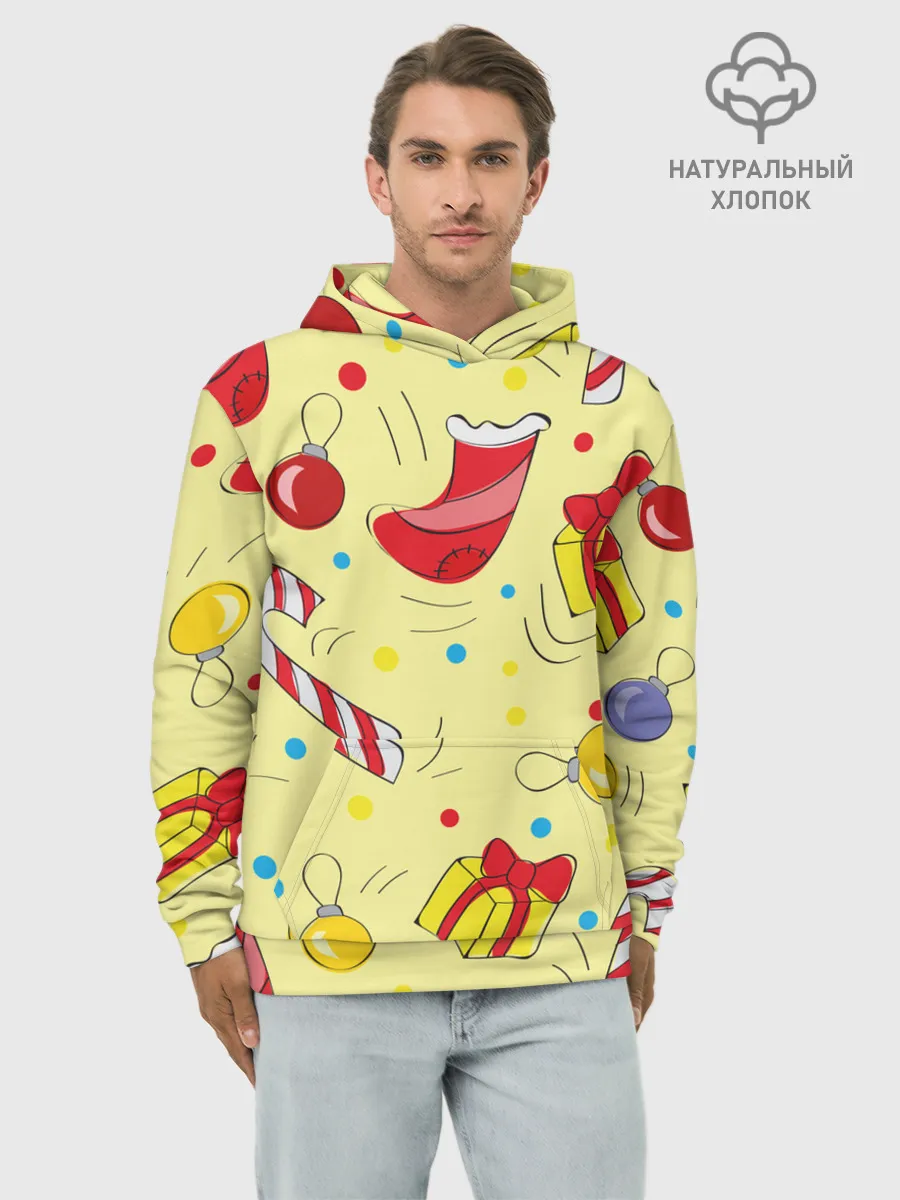 Худи мужской база хлопок / Новогодний узор на желтом фоне