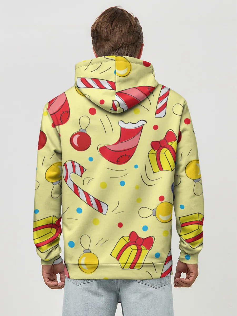 Худи мужской база хлопок / Новогодний узор на желтом фоне