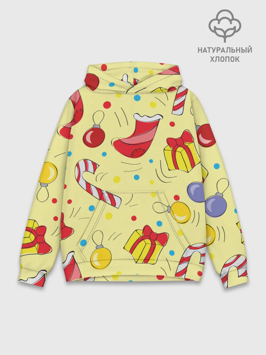 Худи мужской база хлопок / Новогодний узор на желтом фоне