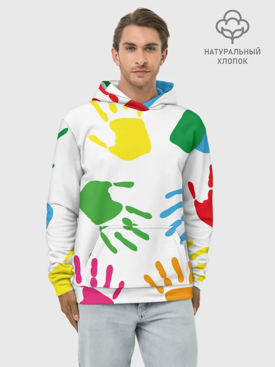 Худи мужской база хлопок / Цветные ладошки - Детский узор