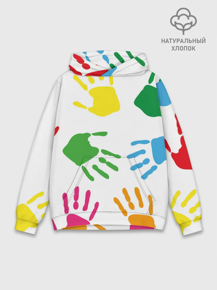 Худи мужской база хлопок / Цветные ладошки - Детский узор