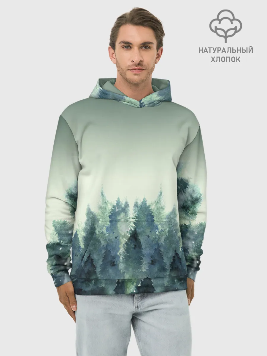 Худи мужской база хлопок / акварельный лес градиент