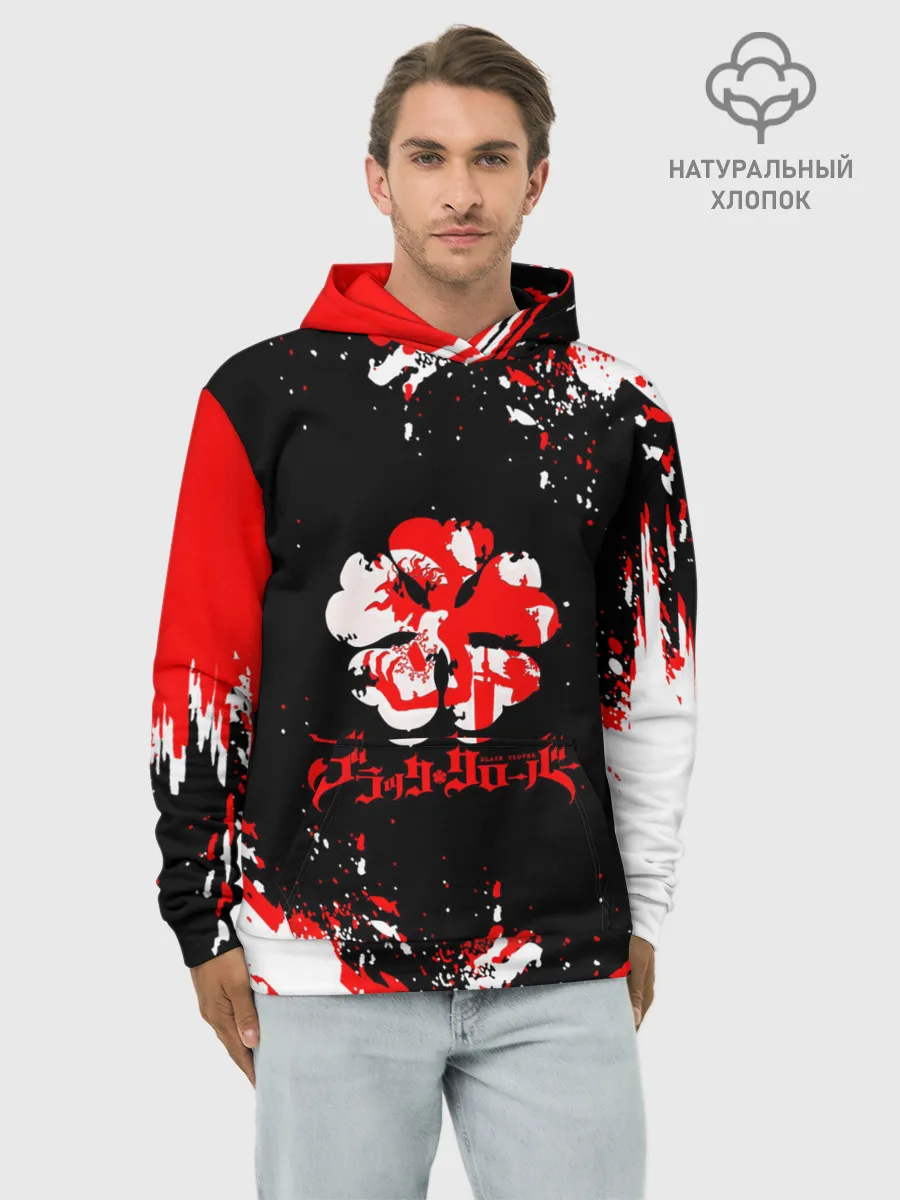 Худи мужской база хлопок / Черный Клевер с ярким красным куском