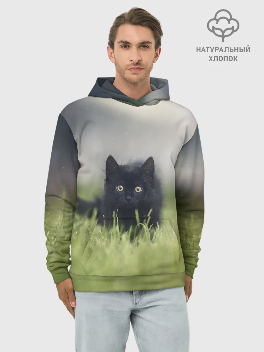 Худи мужской база хлопок / черный кот на лугу
