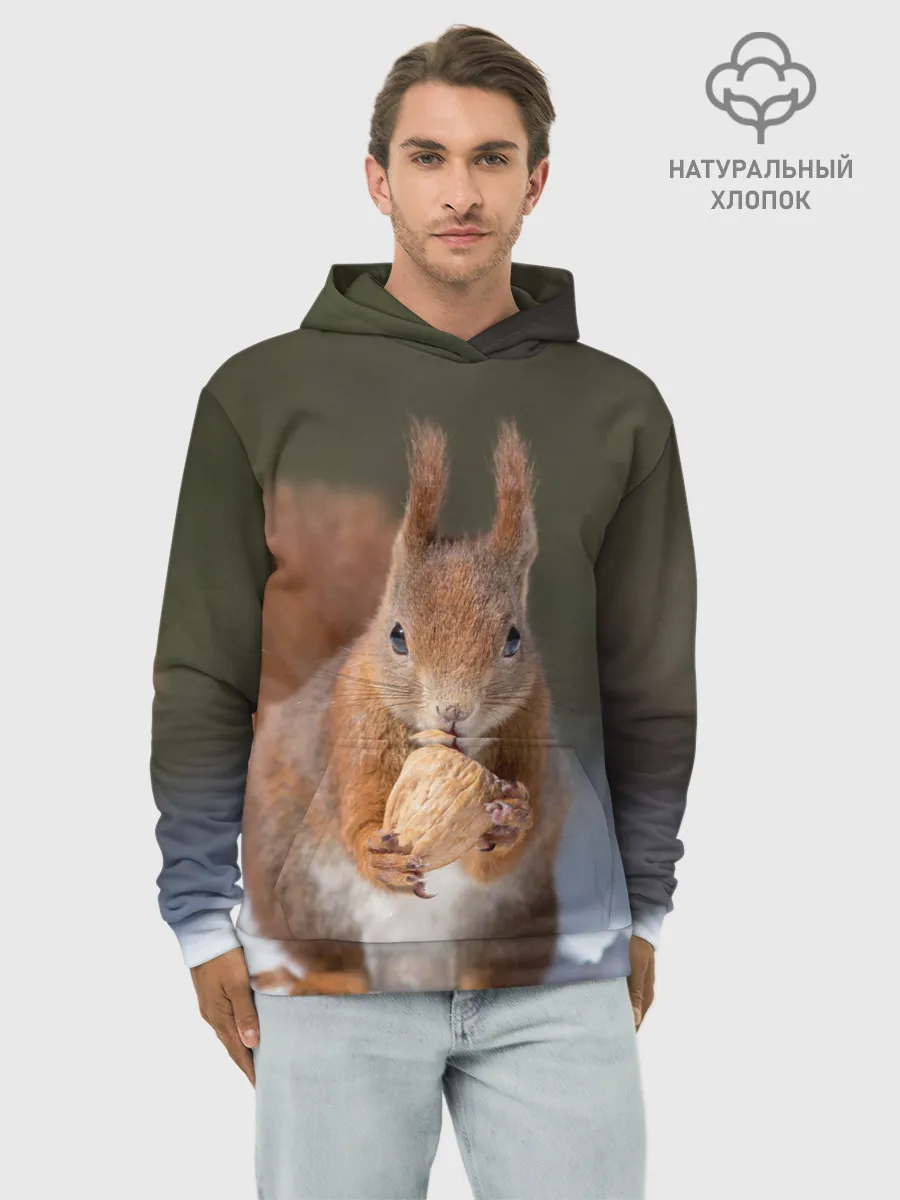 Худи мужской база хлопок / белка с орехом на снегу
