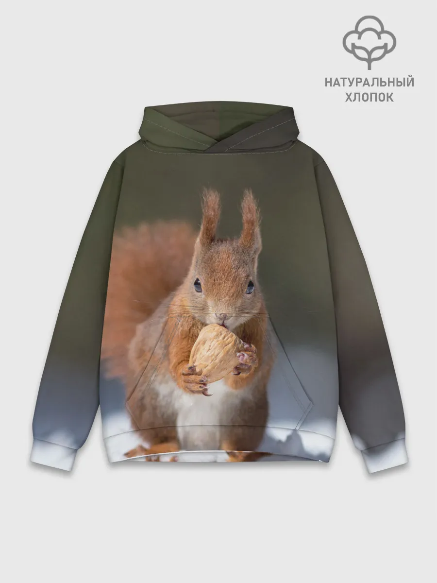 Худи мужской база хлопок / белка с орехом на снегу