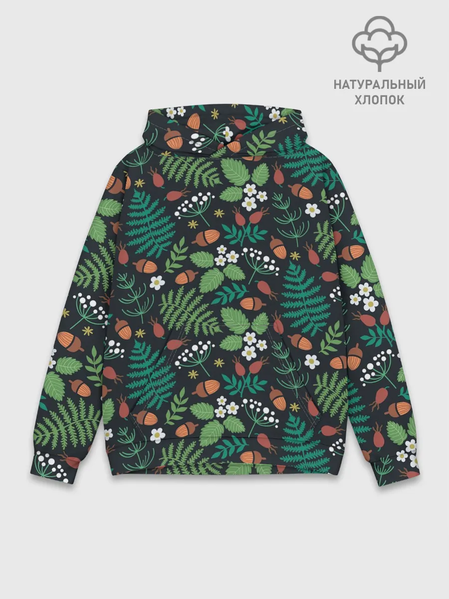 Худи мужской база хлопок / Лесные листочки цветочки