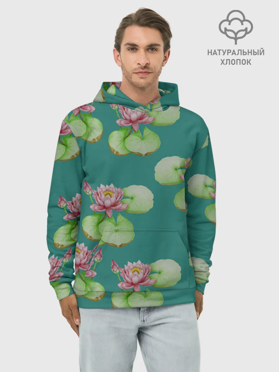Худи мужской база хлопок / Лотосы на темно бирюзовом фоне