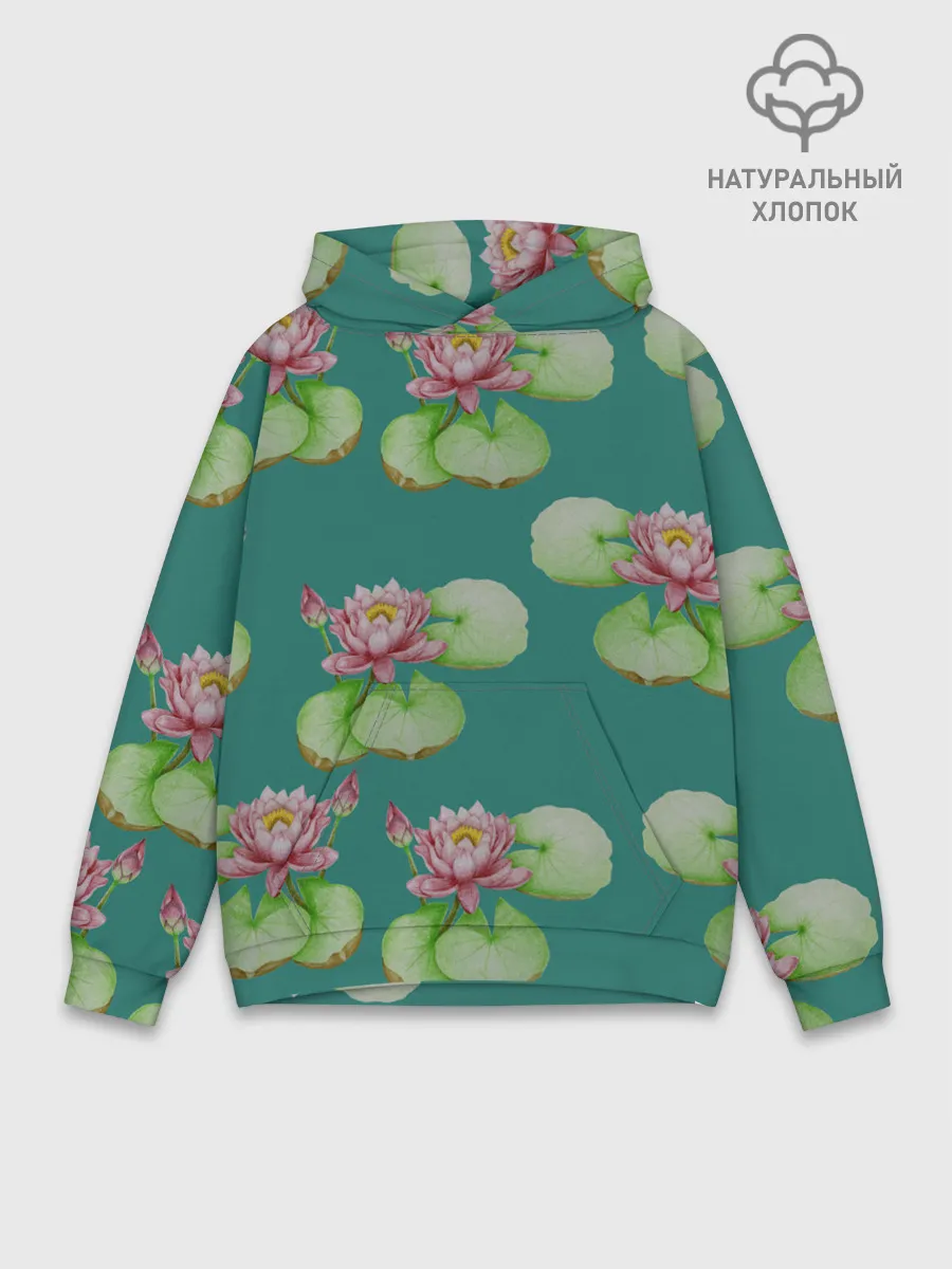 Худи мужской база хлопок / Лотосы на темно бирюзовом фоне