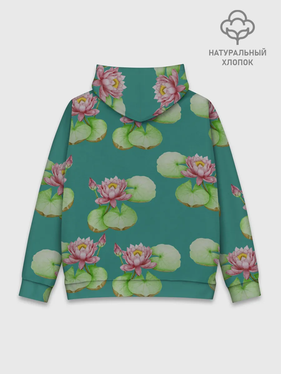 Худи мужской база хлопок / Лотосы на темно бирюзовом фоне