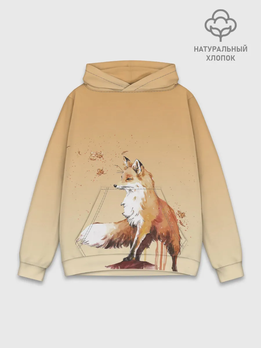 Худи мужской база хлопок / акварельная лиса задумчивости