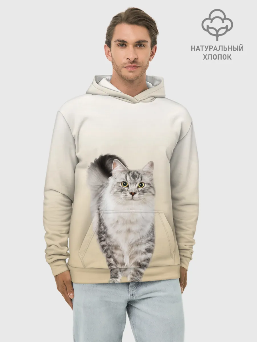 Худи мужской база хлопок / Пушистый котик реалистичный