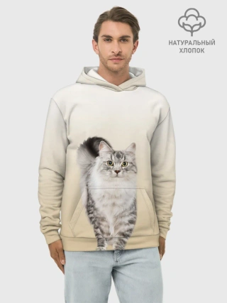 Худи мужской база хлопок / Пушистый котик реалистичный