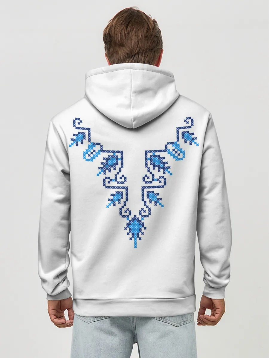 Худи мужской база хлопок / Славянский узор сине-голубой