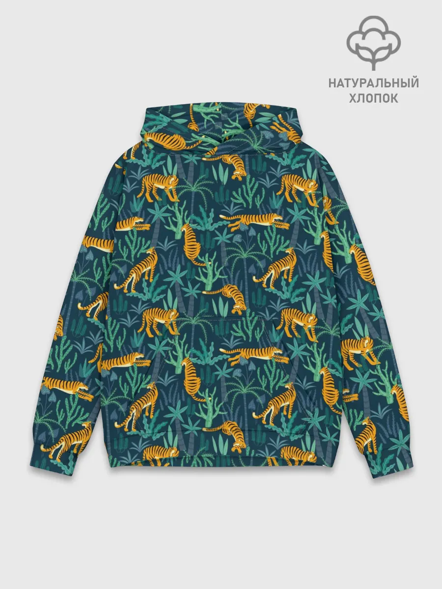 Худи мужской база хлопок / Паттерн из Тигров и Растений